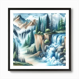 Pine Tree Valley Waterfall (Mystic Surrealism) Style C Art Print