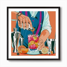 An art print portraying a close-up of a skilled mixologist crafting a vibrant and enticing cocktail, surrounded by colorful ingredients and glassware. This lively and visually captivating art print is perfect for cocktail enthusiasts and those who appreciate the artistry of mixology, bringing a touch of sophistication to home decor. Art Print