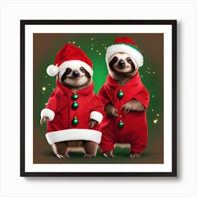 2 cute sloths in a Christmas costume Art Print