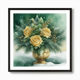 Yellow Gold Roses In A Vase Art Print