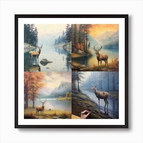 Armadiler Deer Next To A Lake Picaso Style Hyper Details Super Art Print