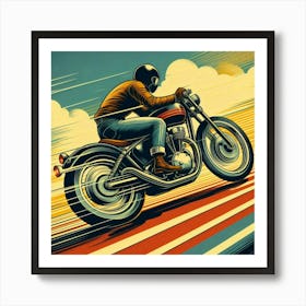 A Guy Riding A Motorcycle Fast Around A Curve Retro Art Stlye 4 Art Print