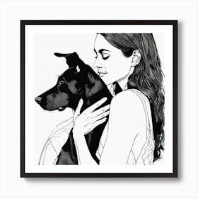 Portrait Of A Woman Hugging Her Dog Poster