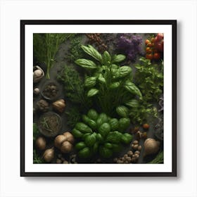 Fresh Herbs On A Dark Background Art Print