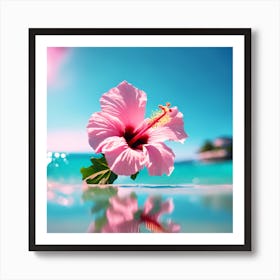Blue Ocean and Pink Hibiscus Flower on the Beach Art Print