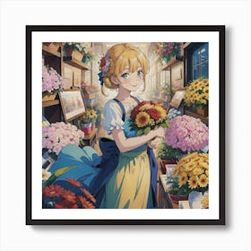 In A Flower Shop, A Girl Stands Frozen With A Smile On Her Face, Holding A Beautiful Bouquet Art Print