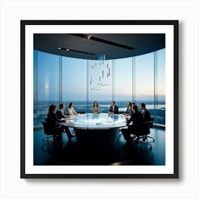 Business Team In Mid Strategizing Session Seated Around A Sleek Oval Glass Table Reflecting Ambien Art Print