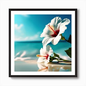 Blue Sea on the Beach with White Hibiscus Flowers Art Print