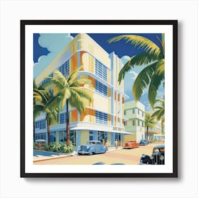 Palm-lined streets of an Art Deco seaside resort Art Print