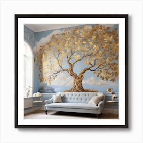 Golden leaves with blue background Art Print