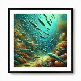 Sardines Swimming In A Surreal Underwater Garden, Style Digital Impressionism 1 Art Print