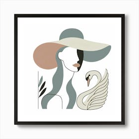 Beauty with Big Hat and a Swan - Creative Drawing Art Print