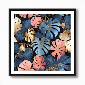 Golden and blue and pink leaves of Monstera Art Print