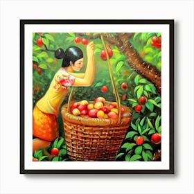 Asian Woman Picking Apples Art Print