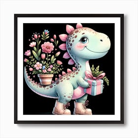 Baby Dino Dinosaur Birthday Flowers Affiche