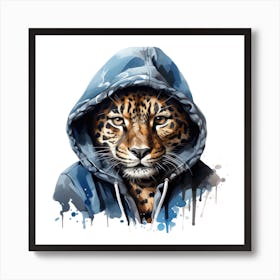 Watercolour Cartoon Leopard In A Hoodie 1 Art Print