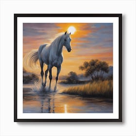 White Horse At Sunset Art Print