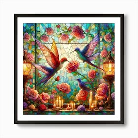 Hummingbirds And Roses Art Print