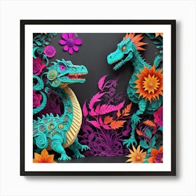 Dragons And Flowers Art Print