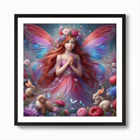 Red fairy with flowers and little bunny Art Print