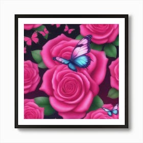 Pink Roses With Butterflies 1 Art Print