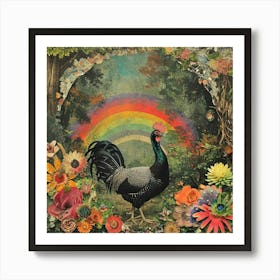 Retro Floral Rooster In The Woods Collage Art Print