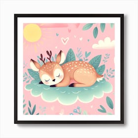 Cute Deer Sleeping On A Cloud Art Print