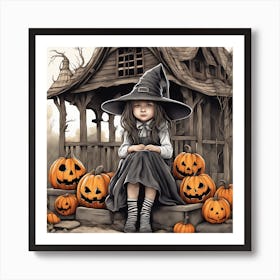 Little Witch With Pumpkins Art Print