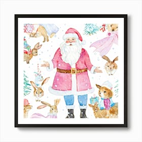 Pastel Watercolor Illustration Of Santa Wearing A Hat Having A Festive Conversation With Pink Dresse Art Print