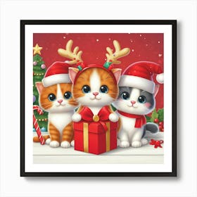 3 Cute Christmas Cats Illustration Art Print