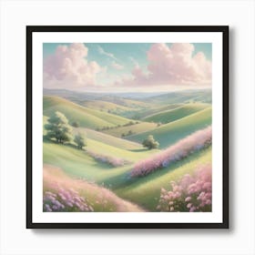 Soft and dreamy pastel-colored landscape with rolling hills, fluffy clouds, and blooming flowers. The scene should be whimsical and gentle, evoking a sense of peace and serenity. 3 Art Print