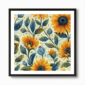 Sunflowers Blue Leaves Art Print