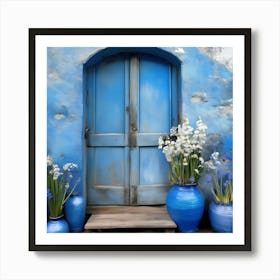 Blue wall. An old-style door in the middle, silver in color. There is a large pottery jar next to the door. There are flowers in the jar Spring oil colors. Wall painting.13 Art Print