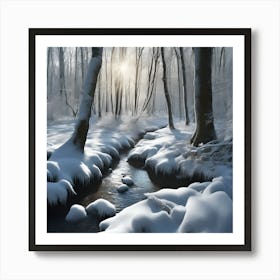 Snow Covered Banks of the Woodland Stream in Winter Art Print