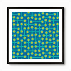 CIRCUITS Retro 1970s Mid Century Abstract Geometric Groovy Polka Dot in Vintage Turquoise and Yellow on Royal Blue Art Print