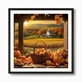 An Idyllic Rustic Autumn Setting A Basket Brimming With Fresh Harvest Of Corn And Pumpkin Wood Br (1) 2 Art Print