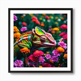 Colorful Chamelon In The Flowers Art Print