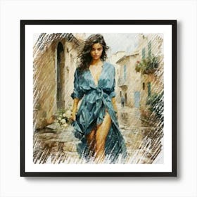 Woman In A Blue Dress Art Print