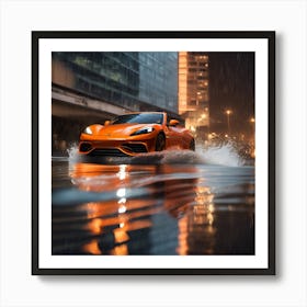 Orange Car Driving in Water  Art Print