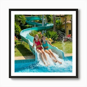 Two Girls On A Water Slide 3 Art Print