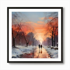 Couple Walking In The Snow Art Print