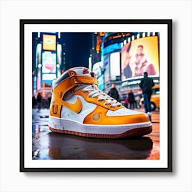 A Hyper Realistic Photo Of An Extremely Large White And Orange Nike Air Force One High Top Sneaker Art Print