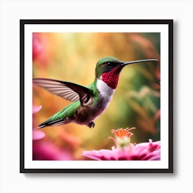 Emphasise On A Ruby Throated Hummingbird Energetic In Nature Feeding On Nectar From Alluring Bloom 13568030 (1) Art Print