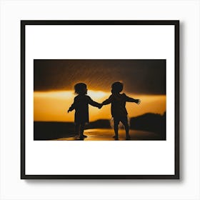 Two Children Holding Hands At Sunset Art Print