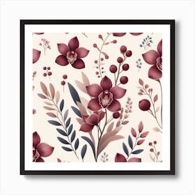 Scandinavian style,Pattern with burgundy Orchid flowers 3 Art Print