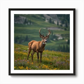 A Tranquil Alpine Meadow Filled With Colorful Wildflowers And Grazing Deer Art Print