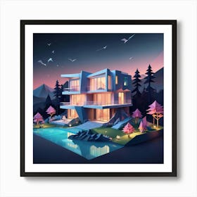 Papercut Illustration Sleek Modern Villa Design Art Print