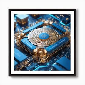 Blue And Gold Computer Chip Art Print