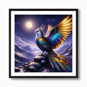 "Celestial Guardian: Mythical Splendor"  Discover "Celestial Guardian," a breathtaking digital print where myth meets majesty under moonlit skies. This vibrant artwork, featuring an eagle-like phoenix, is a masterpiece for fantasy art lovers. Its iridescent plumage and majestic stance make it a focal point in any room. Add this symbol of rebirth and power to your collection and let your imagination soar with the Celestial Guardian. Art Print