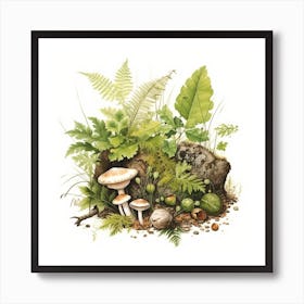 On the forest floor - mushroom art print - mushroom botanical print Art Print